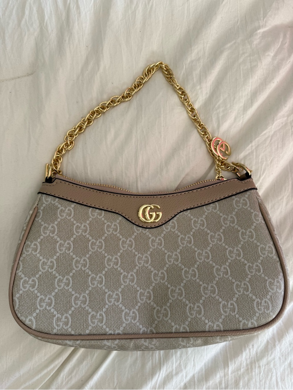 Beige/Tan Canvas Shoulder Bag with Gold Chain Accent